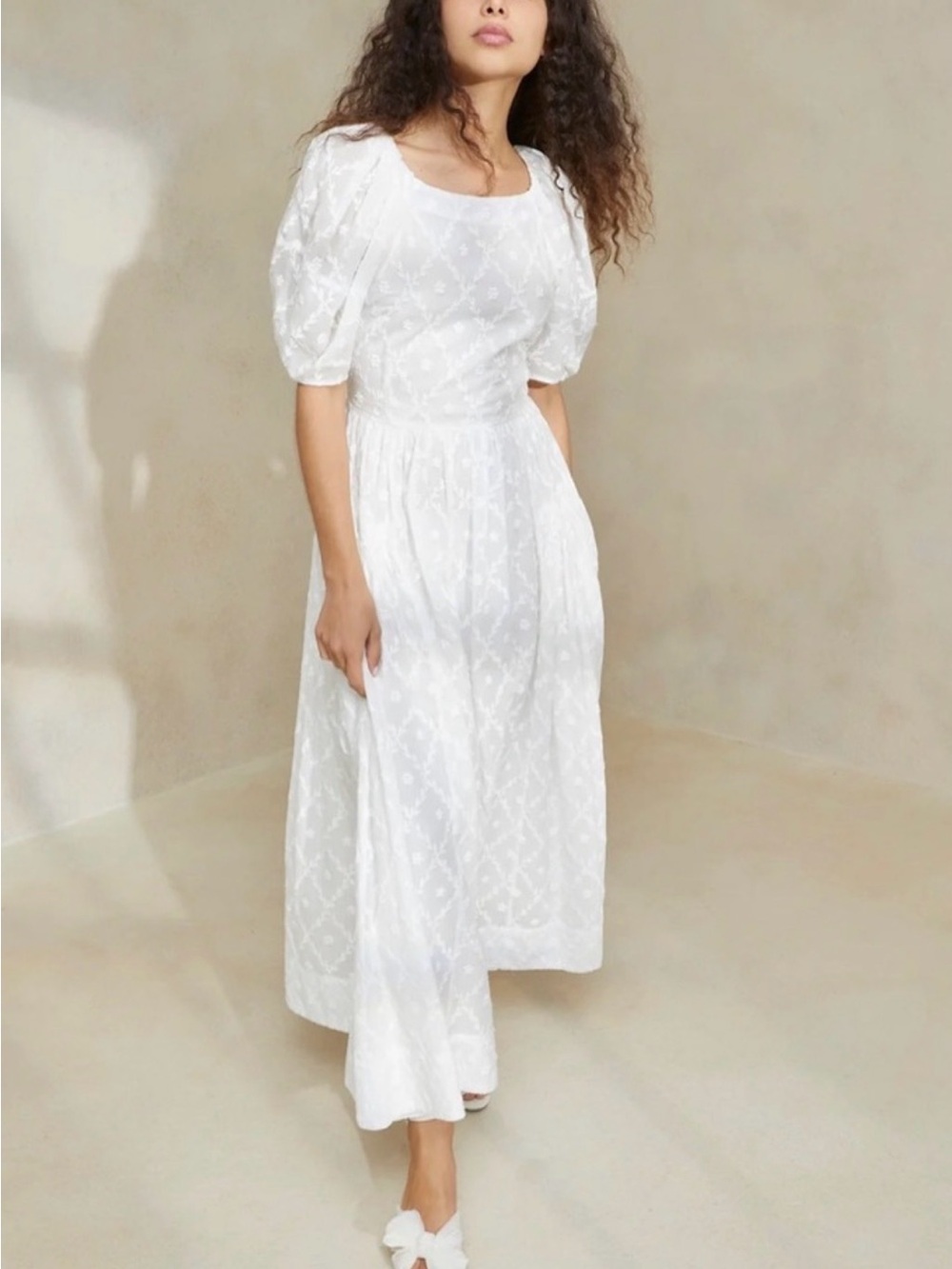 NWOT Loeffler Randall Berthe White Eyelet Puff-Sleeve Embroidered Midi Dress S
